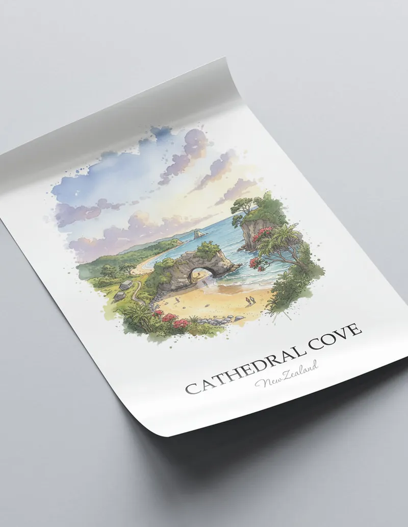 Vintage travel poster of Cathedral Cove, New Zealand in a light frame displayed above a sofa in a bright boho interior.