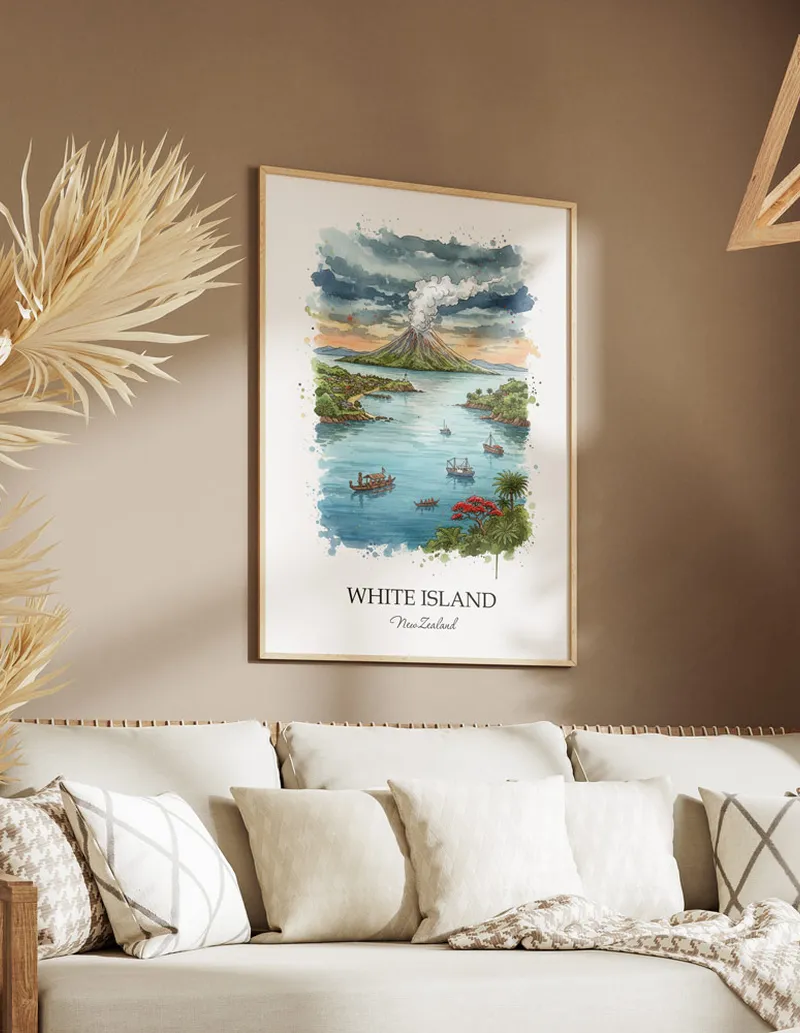 Minimalist poster of White Island in New Zealand in a light frame standing on the floor in a dark moody interior.