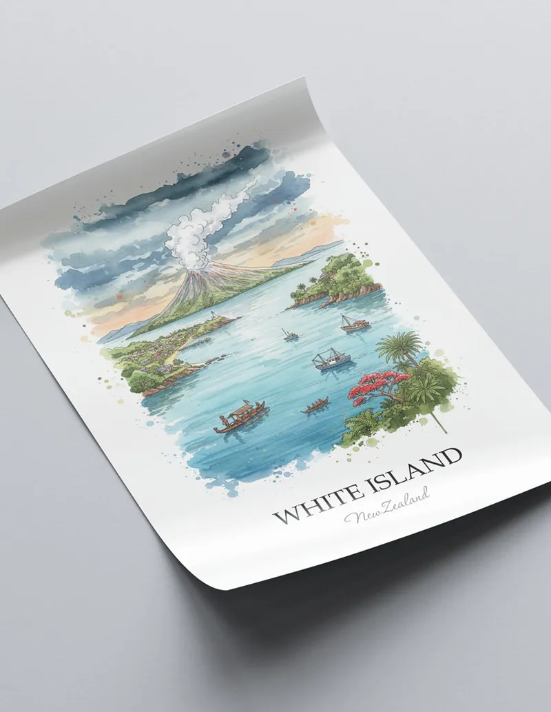 Vintage travel poster of White Island, New Zealand in a light frame displayed above a sofa in a bright boho interior.