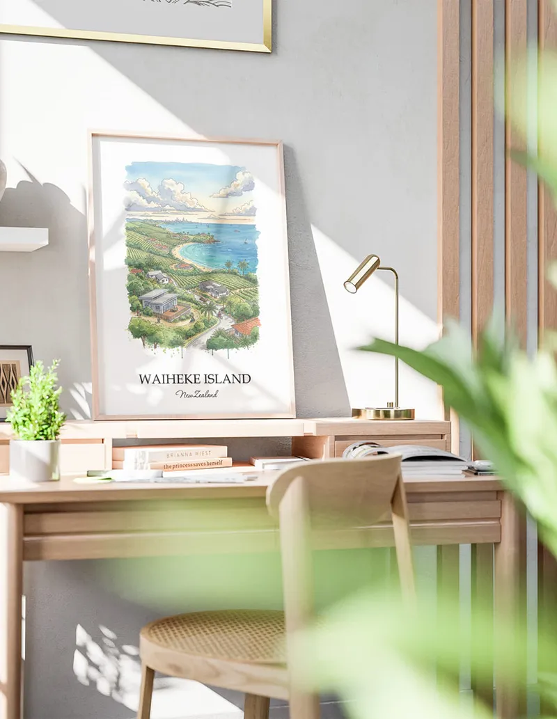 Minimalist poster of Waiheke Island in New Zealand in a light frame standing by a window in a boho style room.