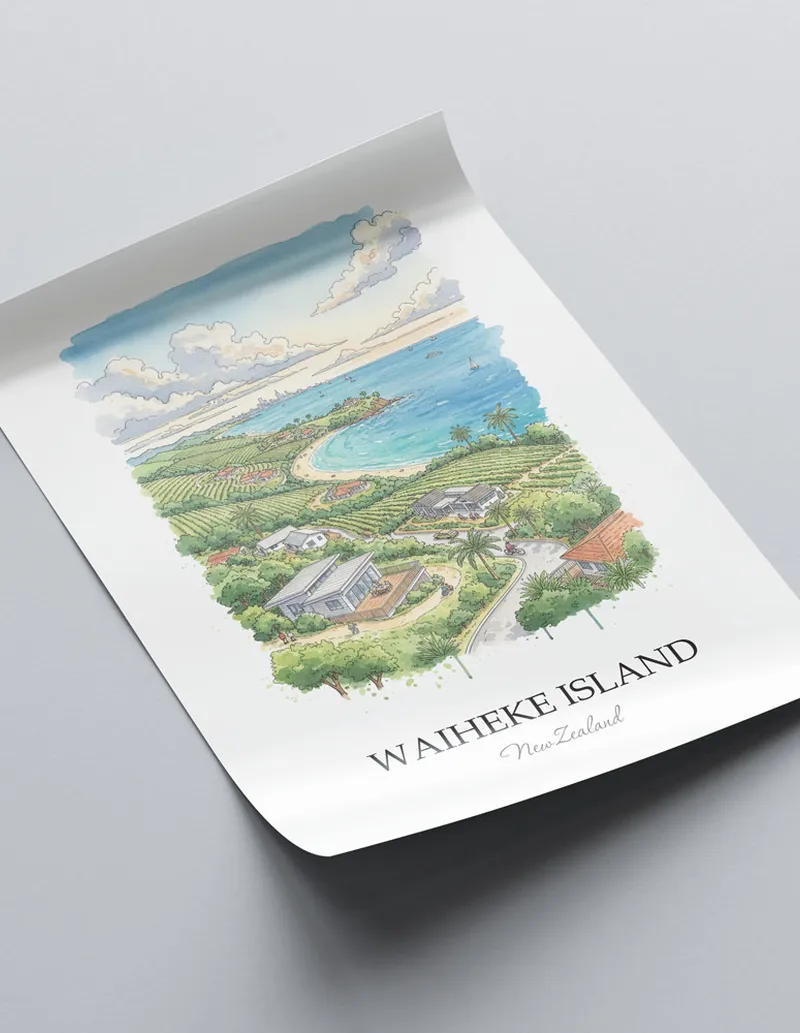 Vintage travel poster of Waiheke Island, New Zealand in a light frame displayed above a sofa in a bright boho interior.