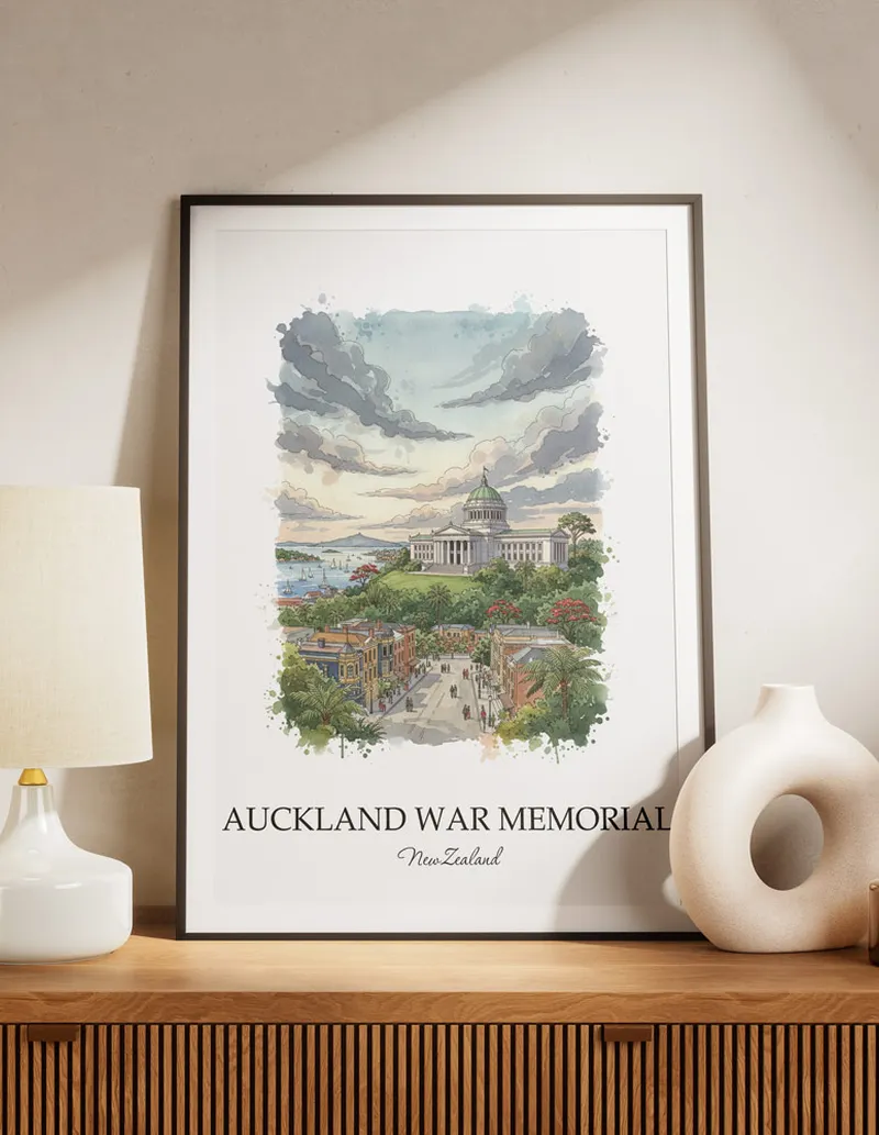 A clean and modern mockup showing a framed Auckland War Memorial, New Zealand print on a minimalist background.