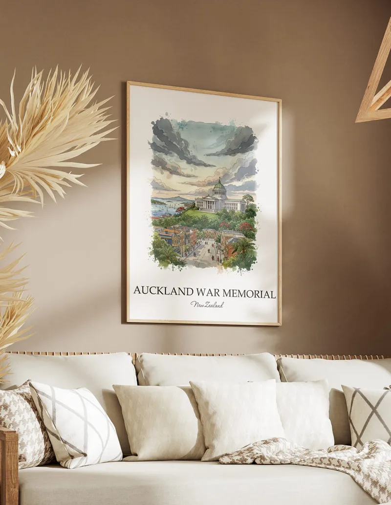 Minimalist poster of Auckland War Memorial in New Zealand in a light frame standing on the floor in a dark moody interior.