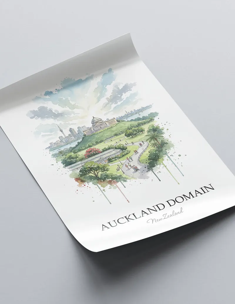 Vintage travel poster of Auckland Domain, New Zealand in a light frame displayed above a sofa in a bright boho interior.