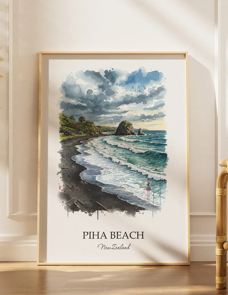 A gorgeous boho-inspired living space with a framed vintage travel poster of Piha Beach in New Zealand on display.