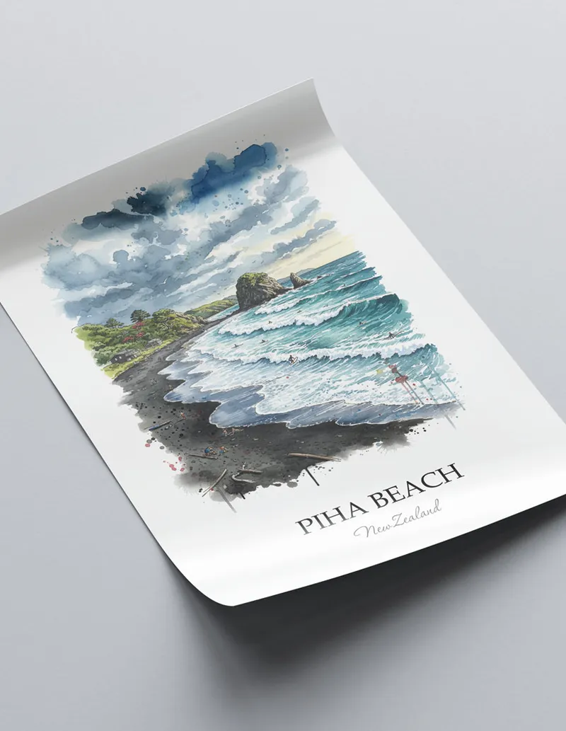 Vintage travel poster of Piha Beach, New Zealand in a light frame displayed above a sofa in a bright boho interior.
