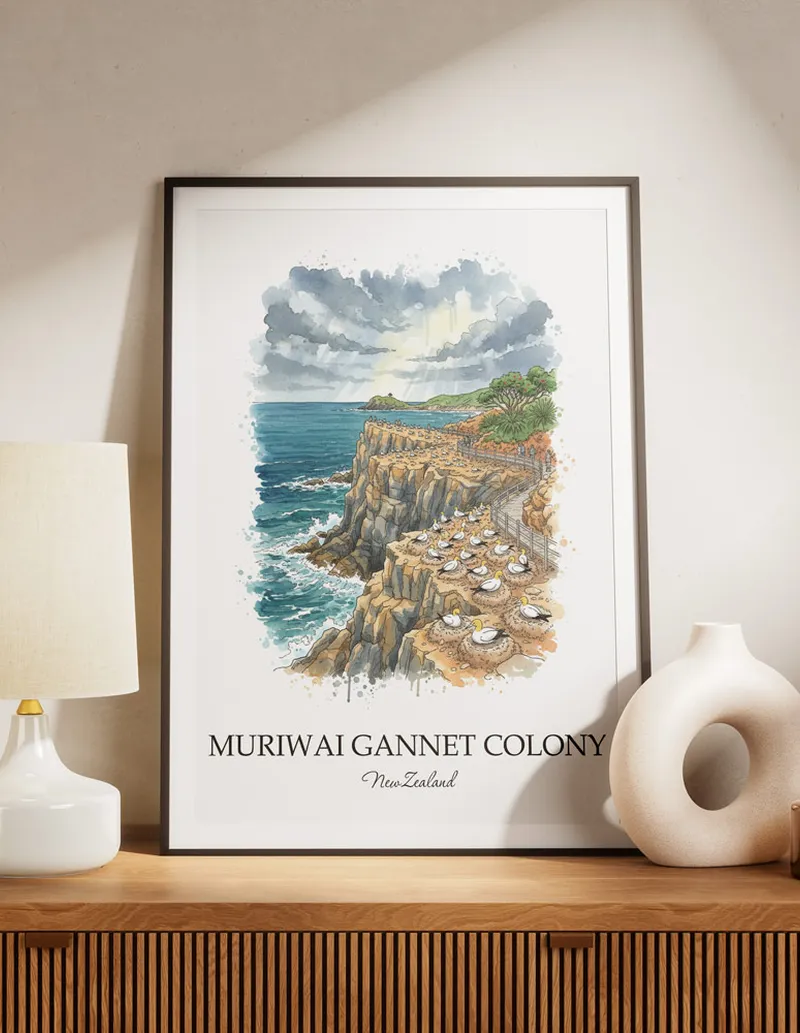 A clean and modern mockup showing a framed Muriwai Gannet Colony, New Zealand print on a minimalist background.
