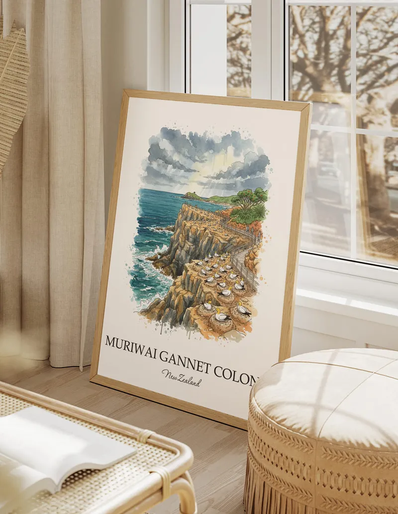 A close-up of a high-quality paper print featuring the Muriwai Gannet Colony in New Zealand minimalist design.