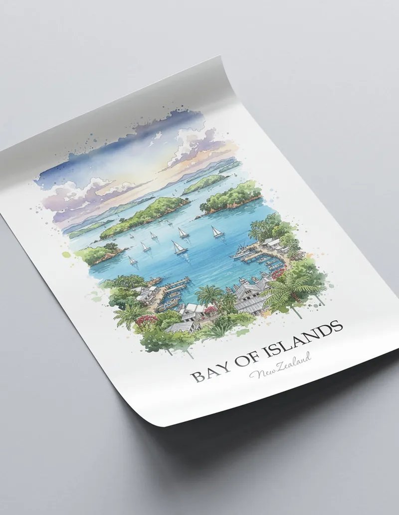 Vintage travel poster of Bay of Islands, New Zealand in a light frame displayed above a sofa in a bright boho interior.