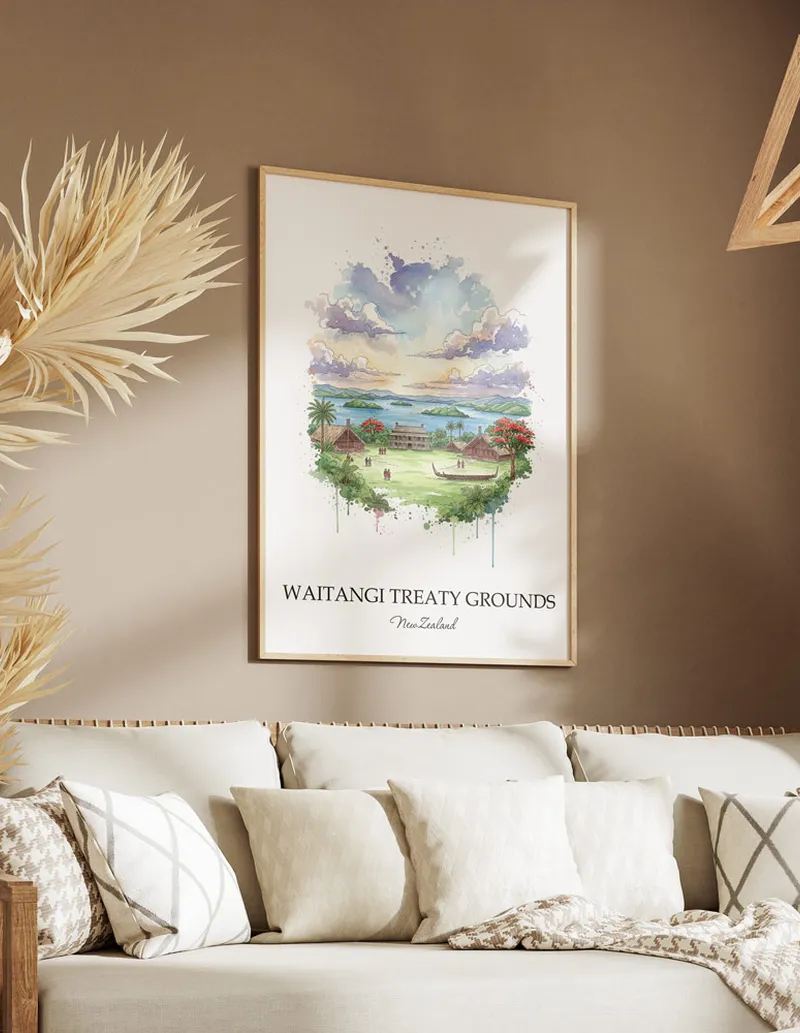 Minimalist poster of Waitangi Treaty Grounds in New Zealand in a light frame standing on the floor in a dark moody interior.