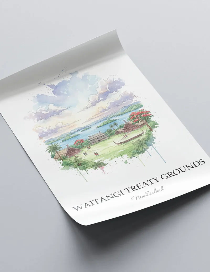 Vintage travel poster of Waitangi Treaty Grounds, New Zealand in a light frame displayed above a sofa in a bright boho interior.