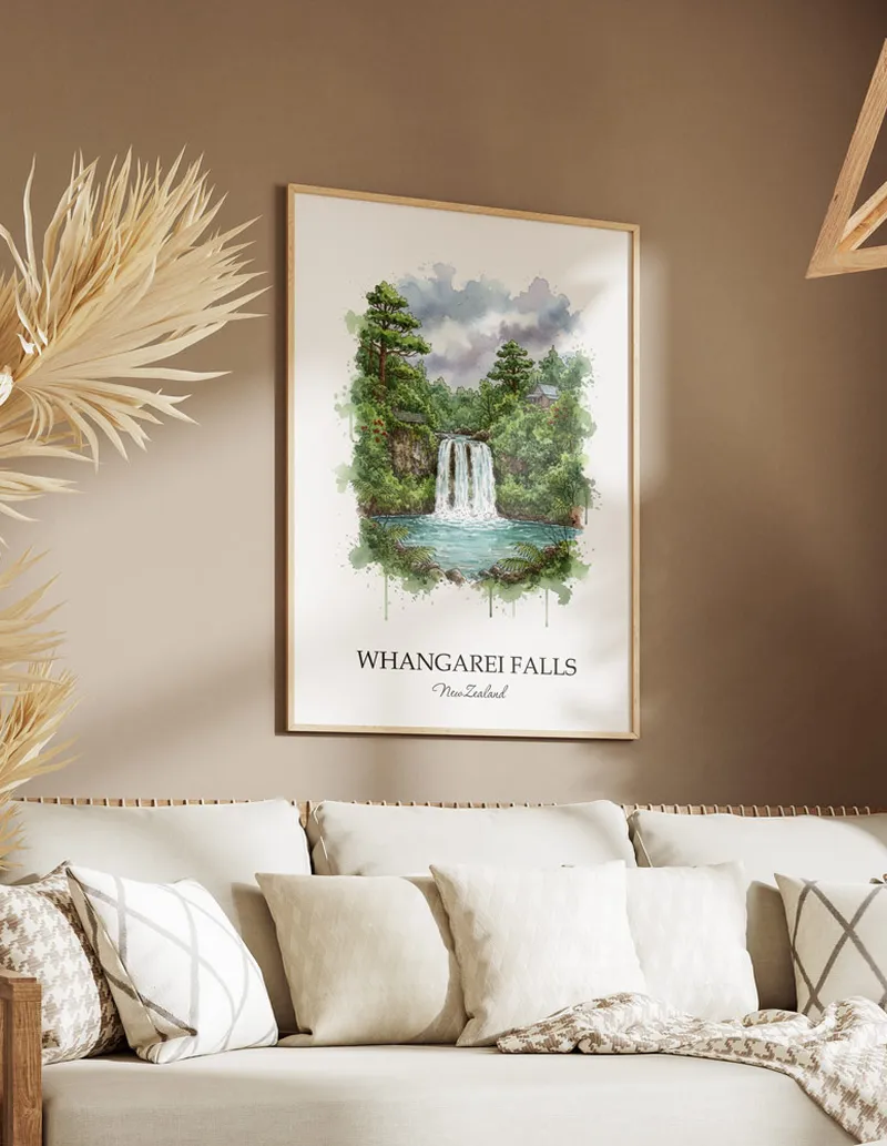 Minimalist poster of Whangarei Falls in New Zealand in a light frame standing on the floor in a dark moody interior.