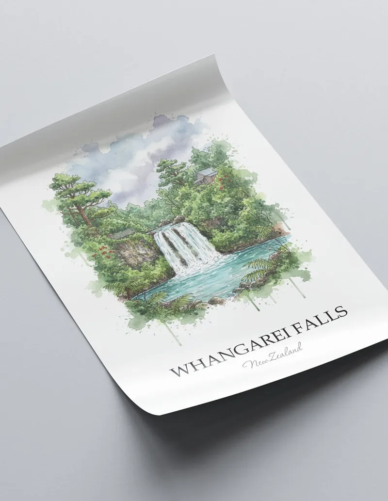 Vintage travel poster of Whangarei Falls, New Zealand in a light frame displayed above a sofa in a bright boho interior.