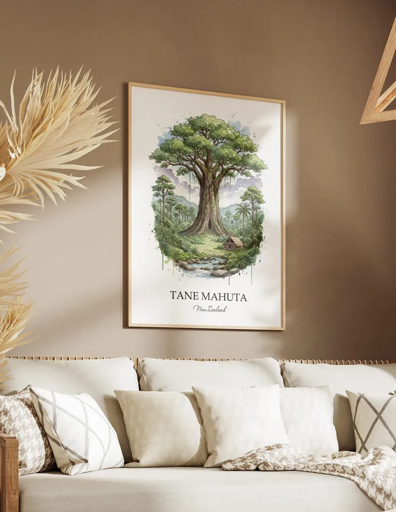 Minimalist poster of Tane Mahuta in New Zealand in a light frame standing on the floor in a dark moody interior.
