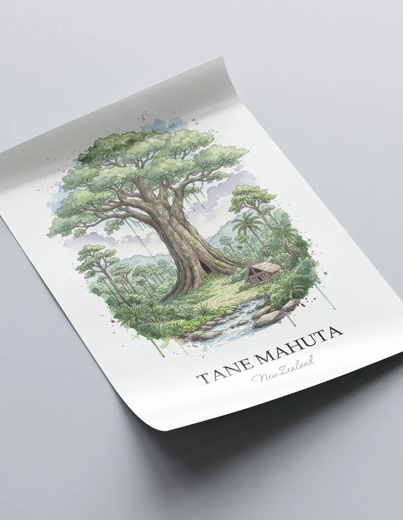 Vintage travel poster of Tane Mahuta, New Zealand in a light frame displayed above a sofa in a bright boho interior.