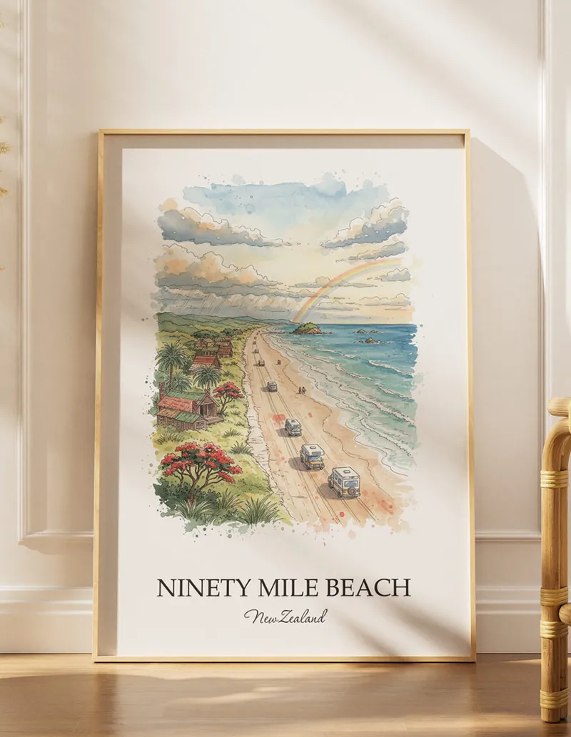 A gorgeous boho-inspired living space with a framed vintage travel poster of Ninety Mile Beach in New Zealand on display.