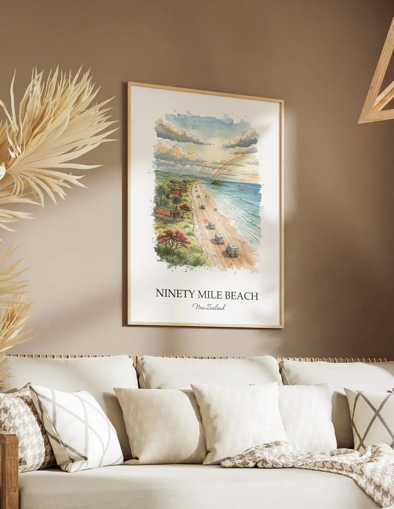 Minimalist poster of Ninety Mile Beach in New Zealand in a light frame standing on the floor in a dark moody interior.