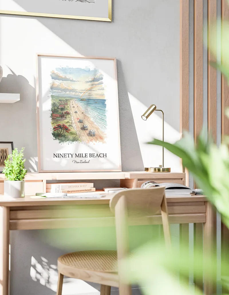 Minimalist poster of Ninety Mile Beach in New Zealand in a light frame standing by a window in a boho style room.