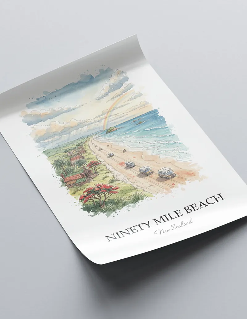 Vintage travel poster of Ninety Mile Beach, New Zealand in a light frame displayed above a sofa in a bright boho interior.