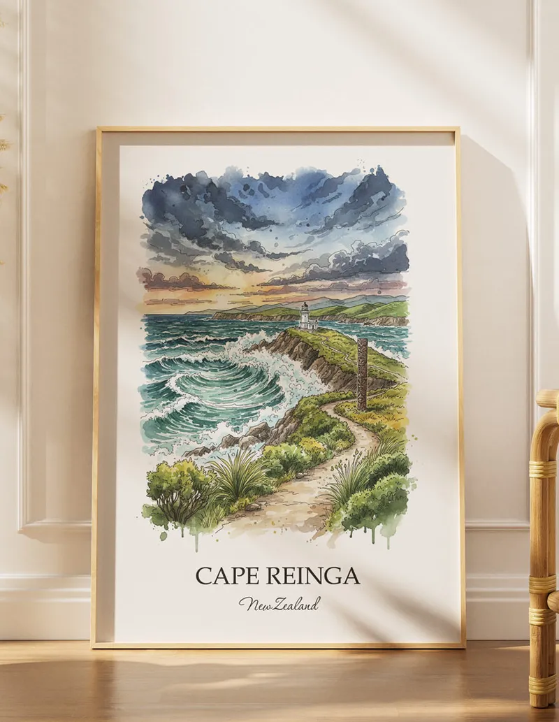 A gorgeous boho-inspired living space with a framed vintage travel poster of Cape Reinga in New Zealand on display.