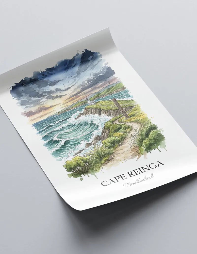 Vintage travel poster of Cape Reinga, New Zealand in a light frame displayed above a sofa in a bright boho interior.