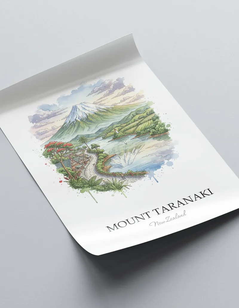 Vintage travel poster of Mount Taranaki, New Zealand in a light frame displayed above a sofa in a bright boho interior.
