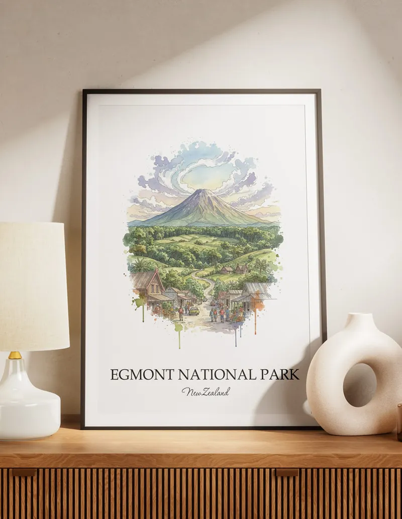 A clean and modern mockup showing a framed Egmont National Park, New Zealand print on a minimalist background.