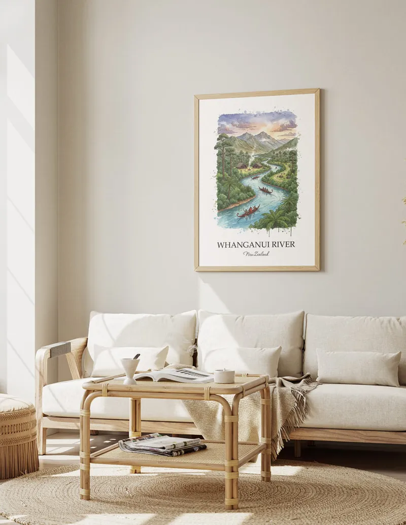 Framed wall art featuring Whanganui River in New Zealand in a light wood frame leaning on the floor.