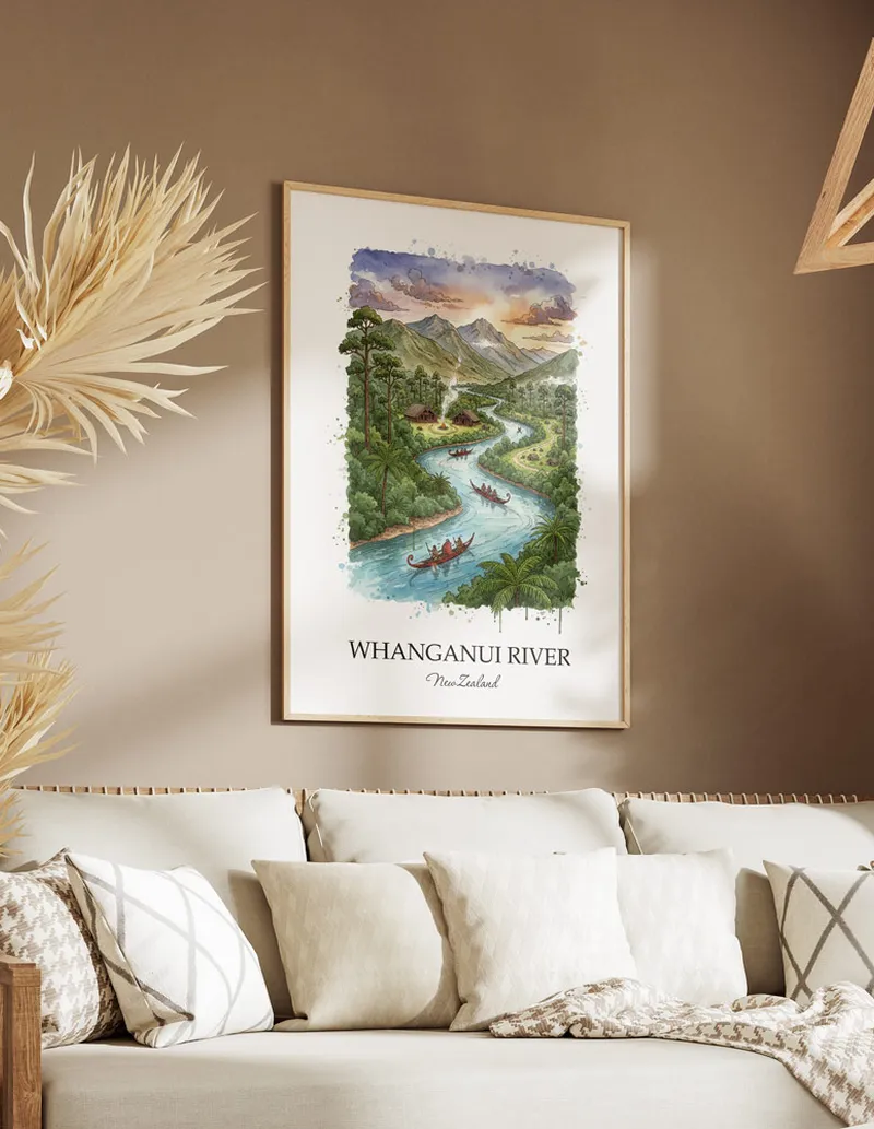 Minimalist poster of Whanganui River in New Zealand in a light frame standing on the floor in a dark moody interior.