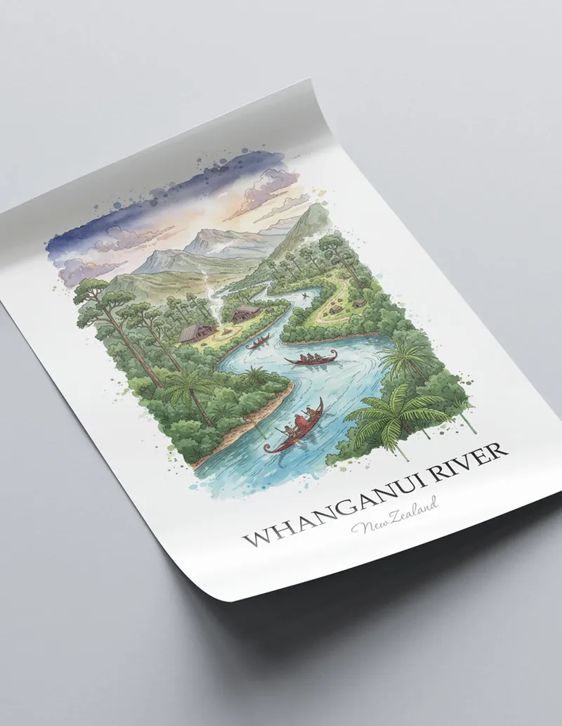 Vintage travel poster of Whanganui River, New Zealand in a light frame displayed above a sofa in a bright boho interior.