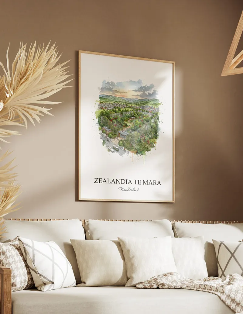 Minimalist poster of Zealandia Te Mara in New Zealand in a light frame standing on the floor in a dark moody interior.