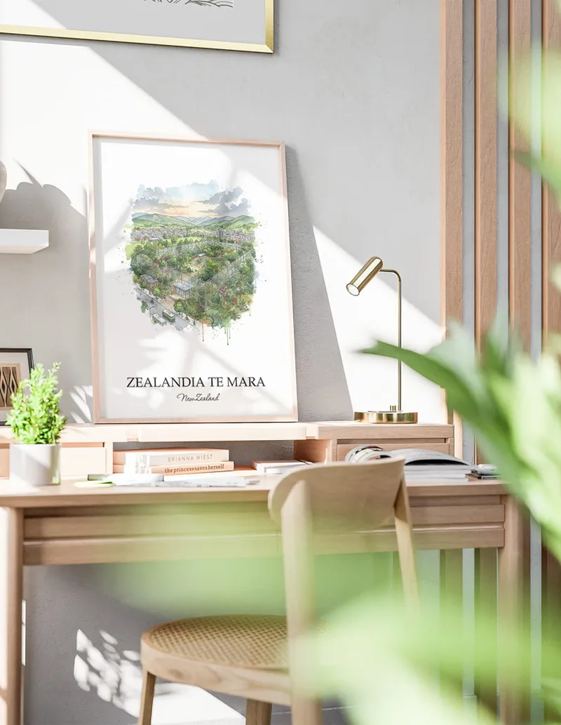 Minimalist poster of Zealandia Te Mara in New Zealand in a light frame standing by a window in a boho style room.
