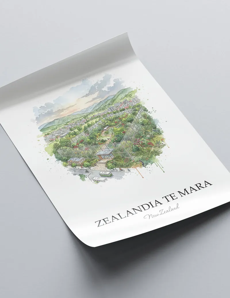 Vintage travel poster of Zealandia Te Mara, New Zealand in a light frame displayed above a sofa in a bright boho interior.