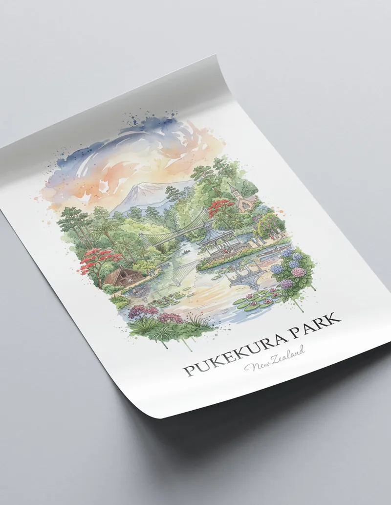 Vintage travel poster of Pukekura Park, New Zealand in a light frame displayed above a sofa in a bright boho interior.