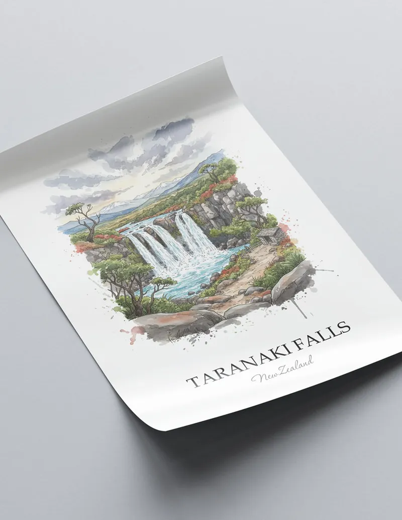 Vintage travel poster of Taranaki Falls, New Zealand in a light frame displayed above a sofa in a bright boho interior.