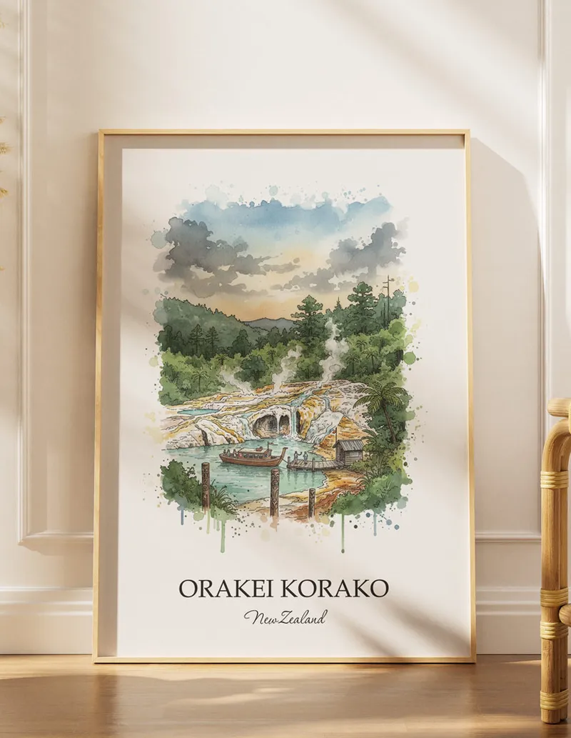 A gorgeous boho-inspired living space with a framed vintage travel poster of Orakei Korako in New Zealand on display.