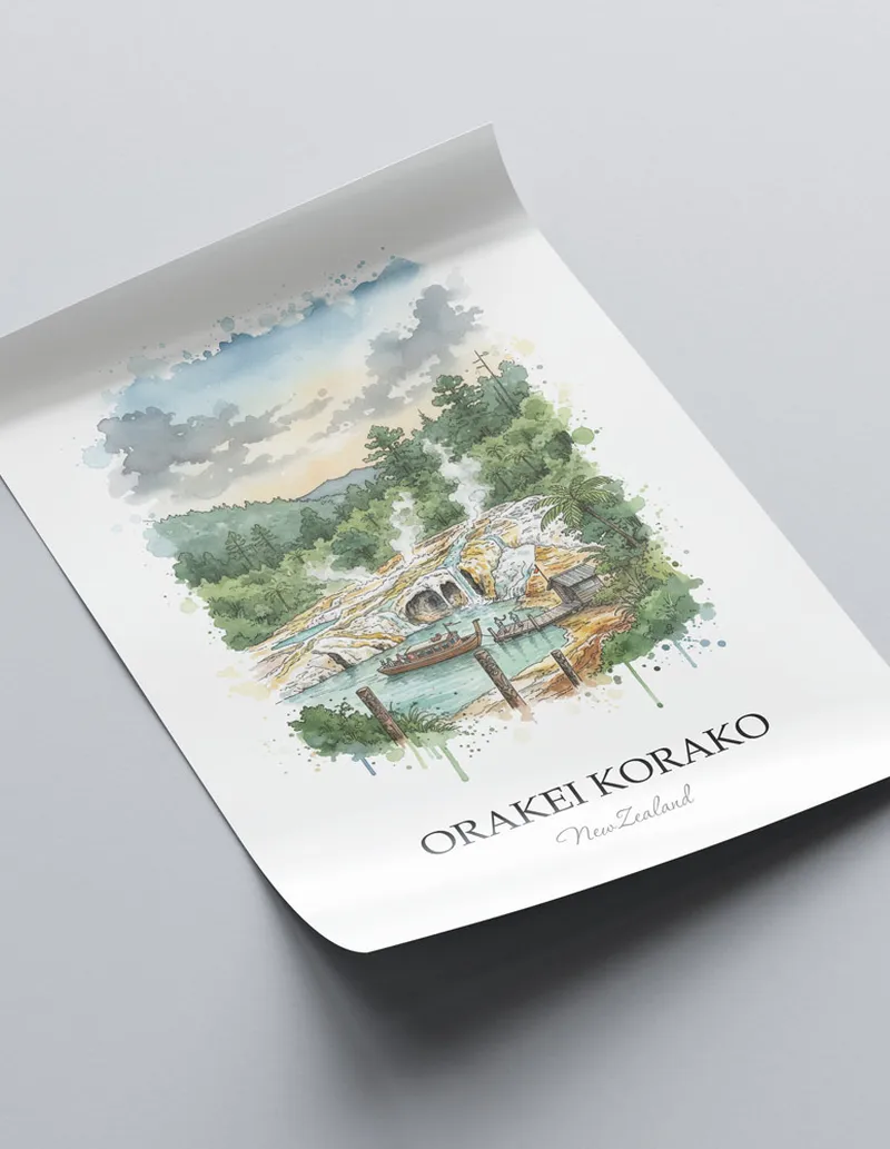 Vintage travel poster of Orakei Korako, New Zealand in a light frame displayed above a sofa in a bright boho interior.