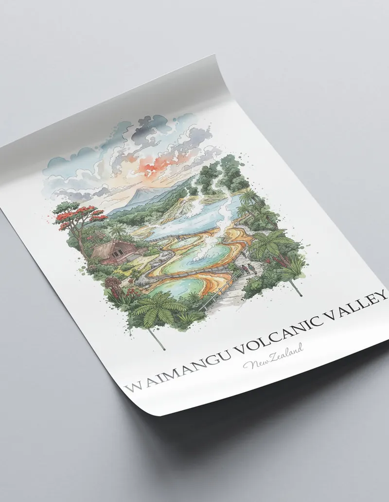 Vintage travel poster of Waimangu Volcanic Valley, New Zealand in a light frame displayed above a sofa in a bright boho interior.