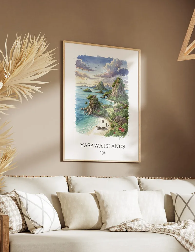 Minimalist poster of Yasawa Islands in Fiji in a light frame standing on the floor in a dark moody interior.