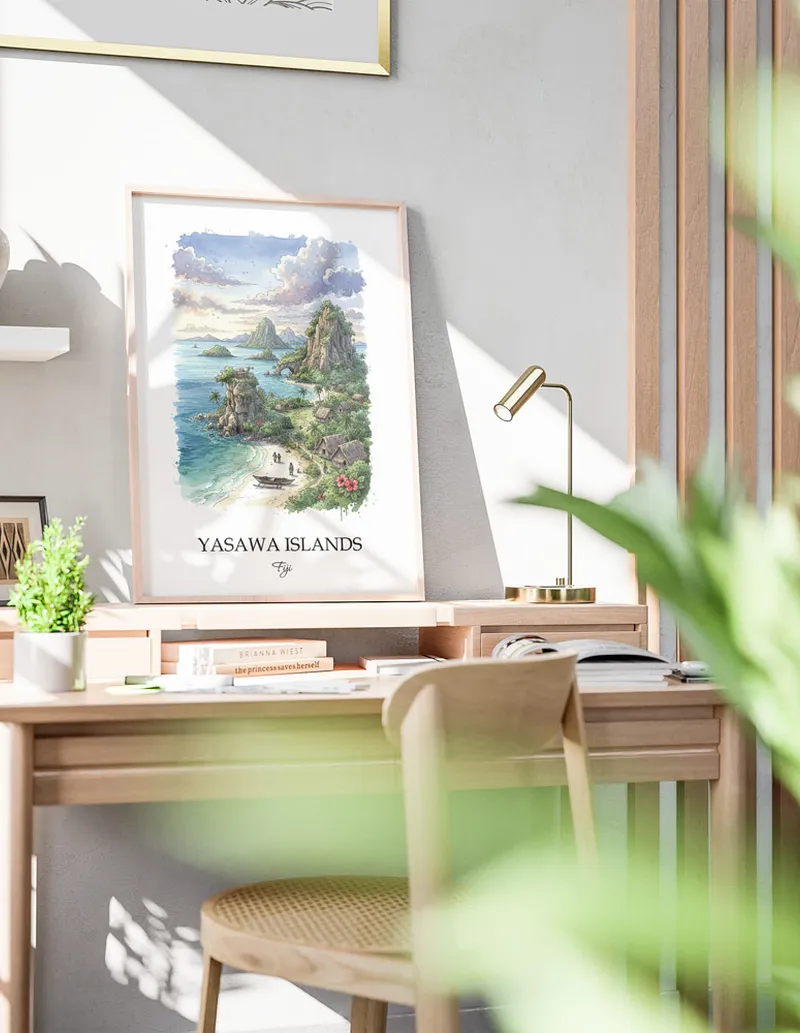 Minimalist poster of Yasawa Islands in Fiji in a light frame standing by a window in a boho style room.