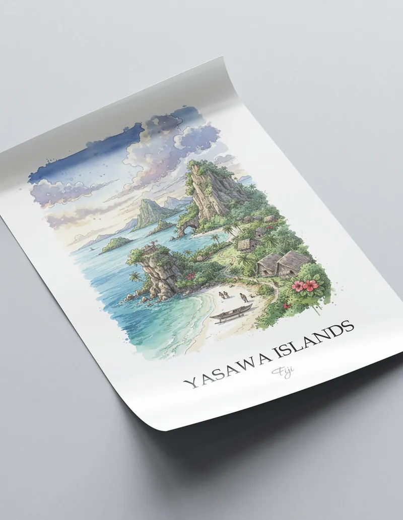 Vintage travel poster of Yasawa Islands, Fiji in a light frame displayed above a sofa in a bright boho interior.