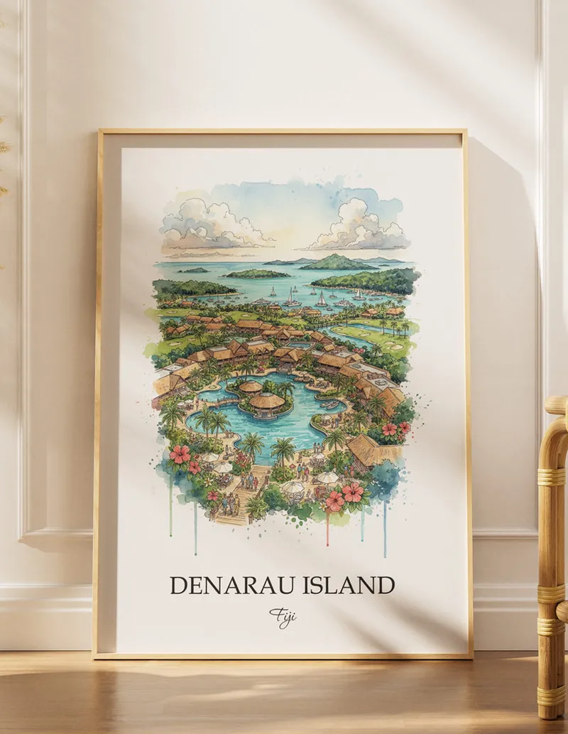 A gorgeous boho-inspired living space with a framed vintage travel poster of Denarau Island in Fiji on display.