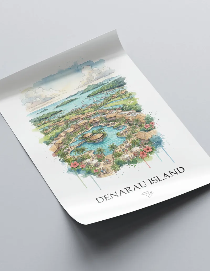 Vintage travel poster of Denarau Island, Fiji in a light frame displayed above a sofa in a bright boho interior.