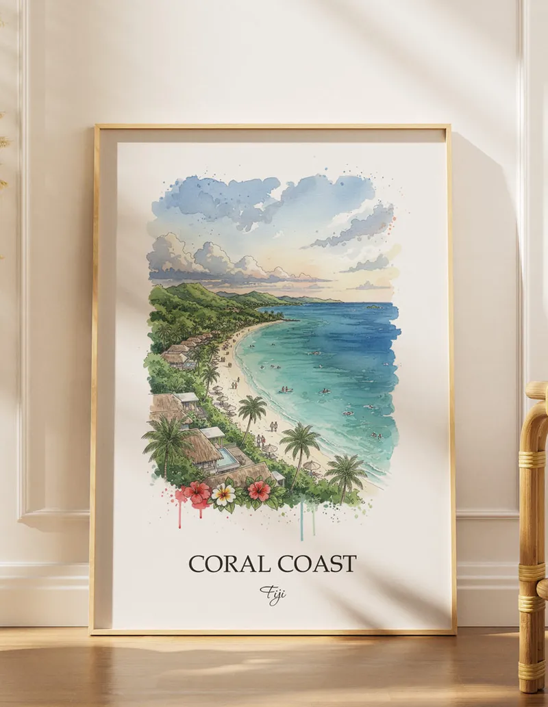 A gorgeous boho-inspired living space with a framed vintage travel poster of Coral Coast in Fiji on display.