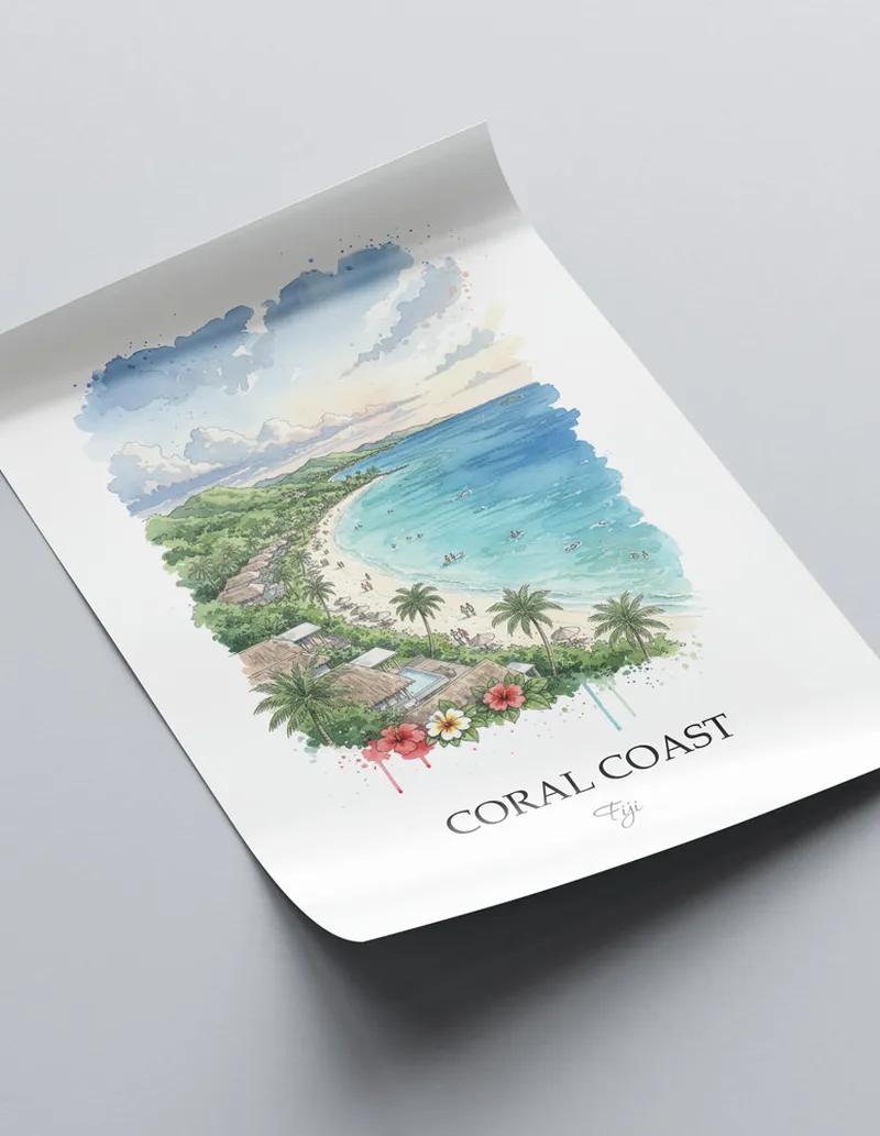 Vintage travel poster of Coral Coast, Fiji in a light frame displayed above a sofa in a bright boho interior.