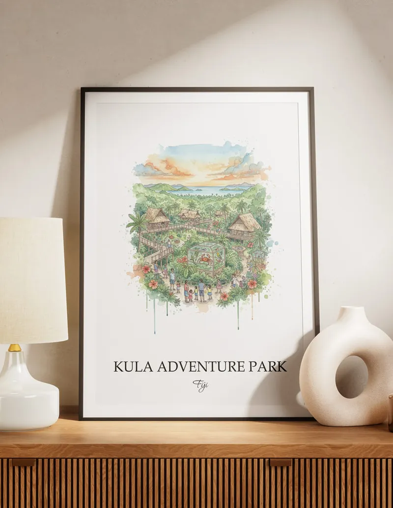 A clean and modern mockup showing a framed Kula Adventure Park, Fiji print on a minimalist background.