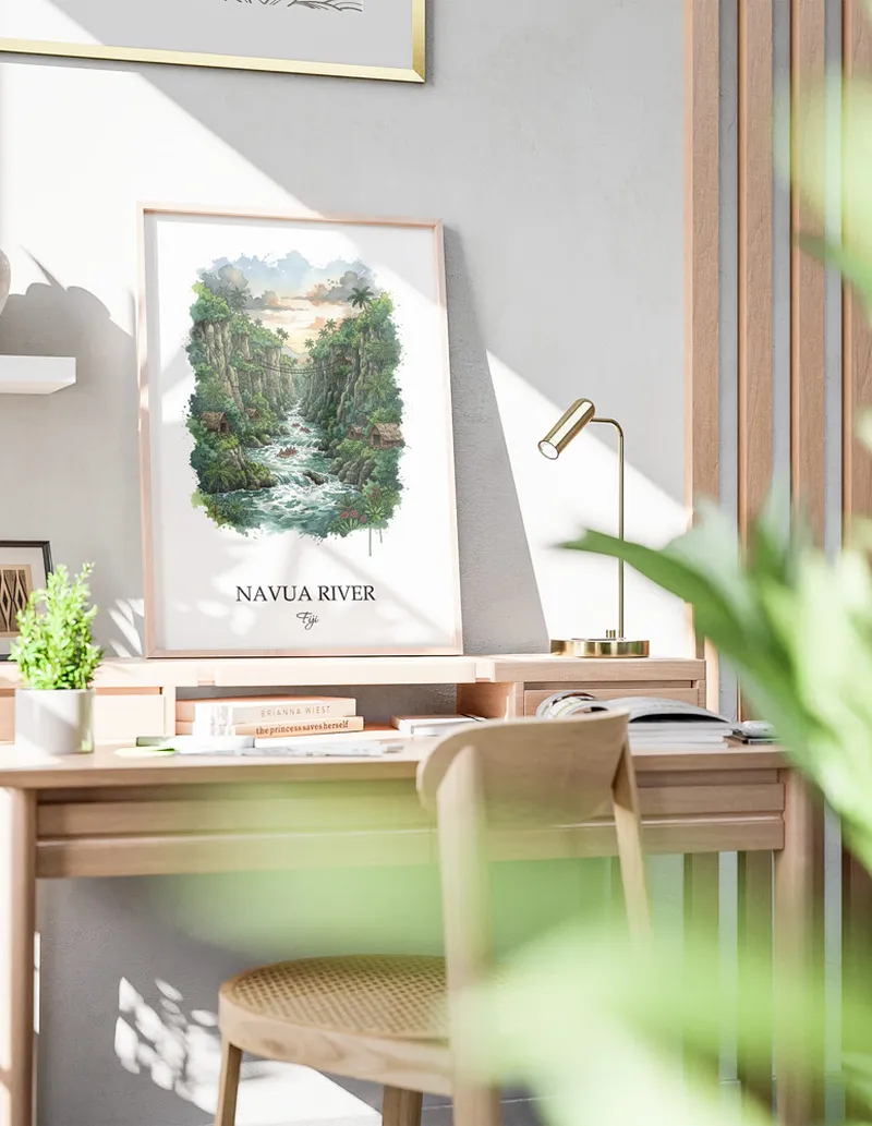 Minimalist poster of Navua River in Fiji in a light frame standing by a window in a boho style room.