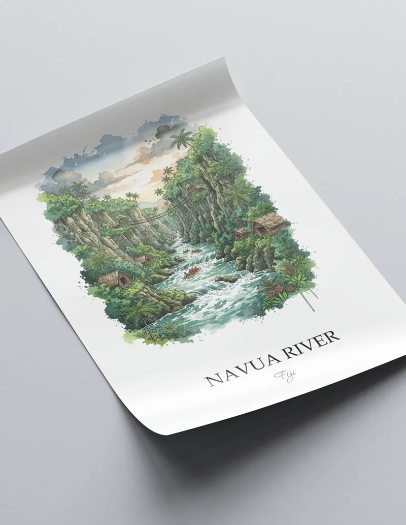 Vintage travel poster of Navua River, Fiji in a light frame displayed above a sofa in a bright boho interior.