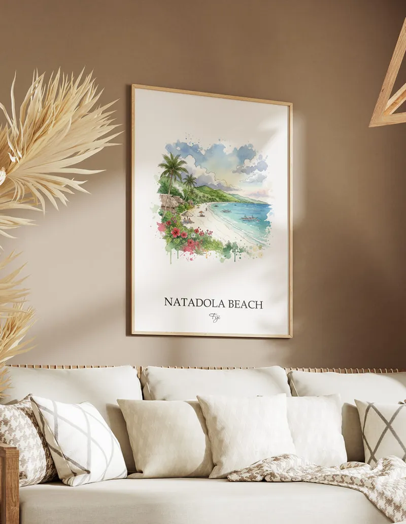 A lovely interior preview showcasing a vintage-vibe travel poster design of the scenic Natadola Beach in Fiji.