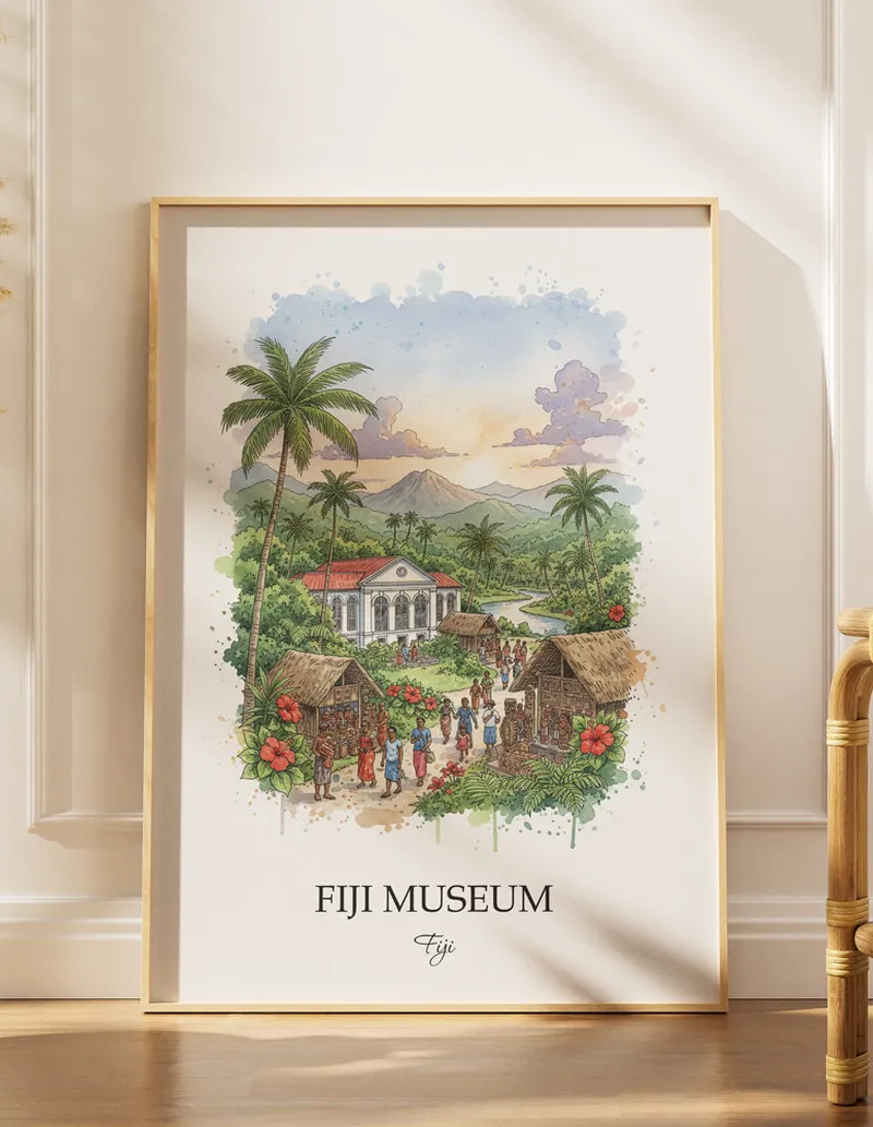 Cozy, well-lit workspace with a minimalist poster of Fiji Museum, Fiji in a light frame sitting on the desk.